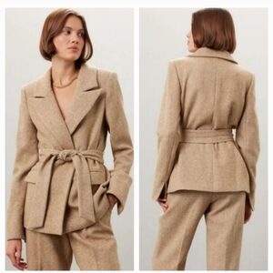 FAVORITE DAUGHTER ADRIENNE BLAZER Wool Tan Wrap Belted Jacket Coat Large